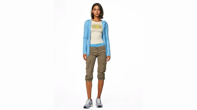 Input character: a woman in a light-blue zip hoodie, cream tee and cargo shorts, full length